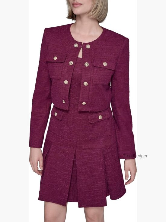 Jackets & Blazers - Tweed Cropped Blazer with Pockets Long Sleeve Stretch Texture